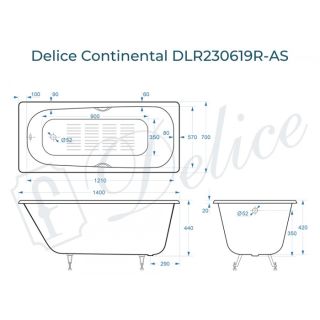 Ванна чугунная Delice Continental DLR230619R-AS 140х70 с отверстиями под ручки и антискользящим покрытием